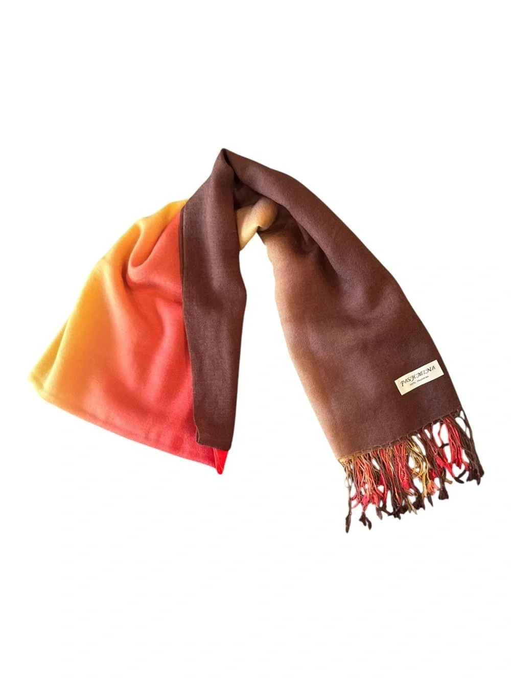 100% Pashmina Brown Yellow Orange Fall Ombré Fringe Scarf OS